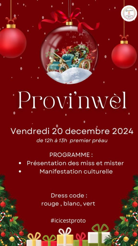 Vendredi 20 décembre 2024 de 12h à 13h sous le premier préau. Programme : - présentation des miss et mister, - manifestation culturelle. Dress code : rouge, blanc, vert.