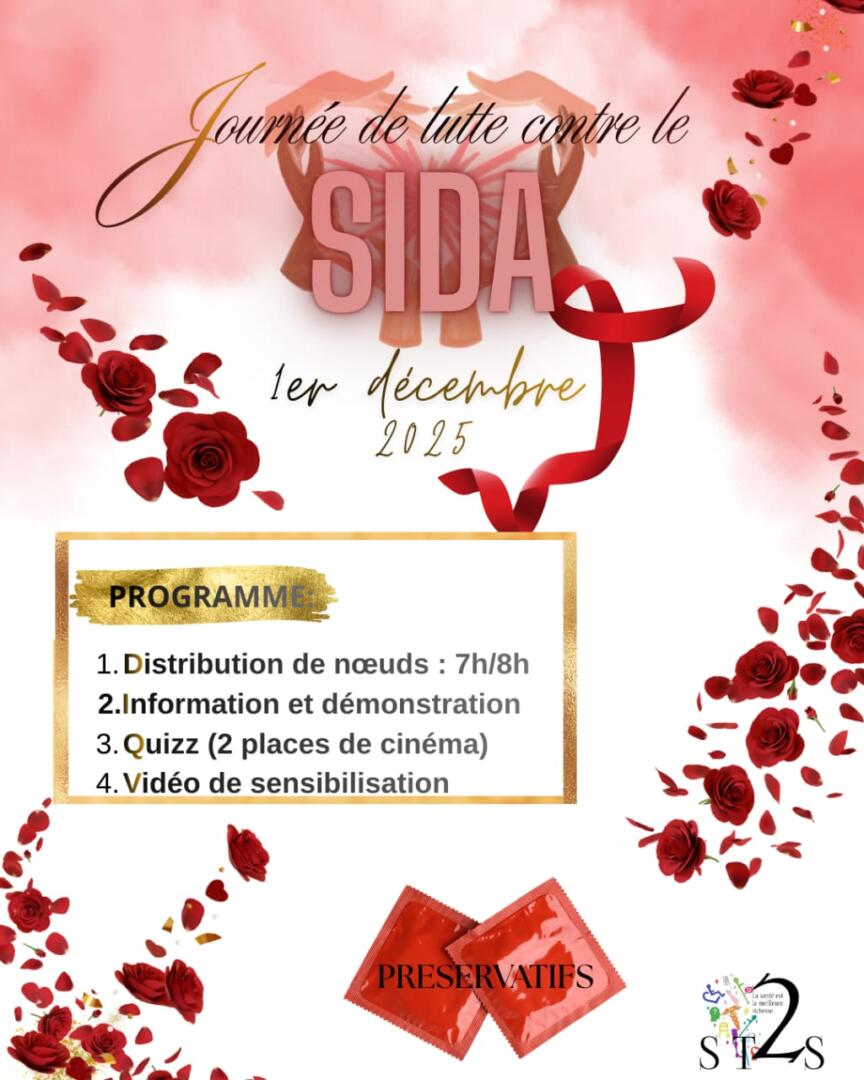 affiche du programme de lutte contre le sida le 1er décembre 1. distribution de noeuds :7h-8h 2. information et démonstration 3. quizz 4.vidéo de sensibilisation
