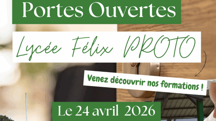 Affiche annonçant la Journée Portes Ouvertes du Lycée Félix Proto en Guadeloupe. Le visuel montre une poignée de porte ouverte et des élèves entrant dans l’établissement. Le texte indique : « Journée Portes Ouvertes – Lycée Félix Proto. Venez découvrir nos formations ! Le 24 avril 2026 de 8h à 12h ». Les logos de l’Académie de Guadeloupe et du lycée apparaissent en haut de l’affiche